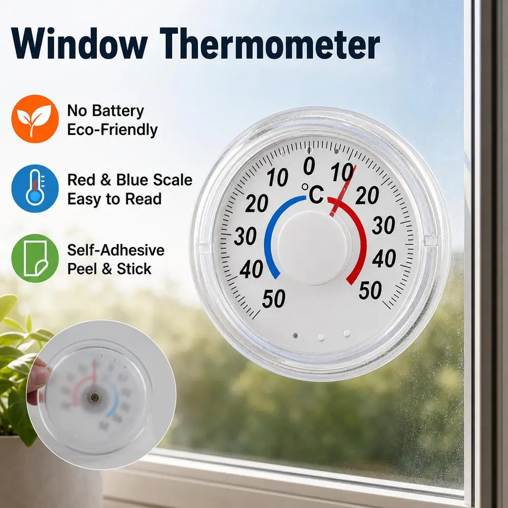 Transparent Window Thermometer Clear Analog Dial Outdoor Indoor Temperature Gauge Self Adhesive Glass Mount Weather Station