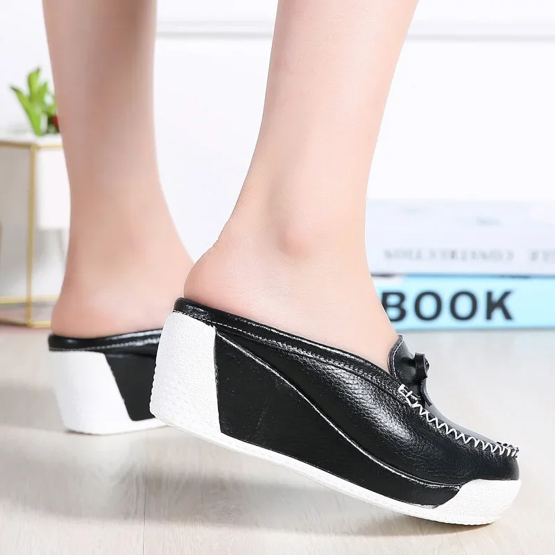 CEYANEAONew Women Platform Slipper Pattern Flats Breathable Leather Casual Shoes Slip-on Comfortable Butterfly-knot Nurses Shoes