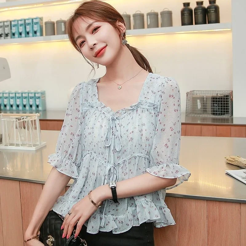 Female Tops with Puffy Sleeves Chiffon Women\'s Shirt and Blouse Sexy Yellow Tall Clothing Trend 2024 Cool Korean Popular Clothes