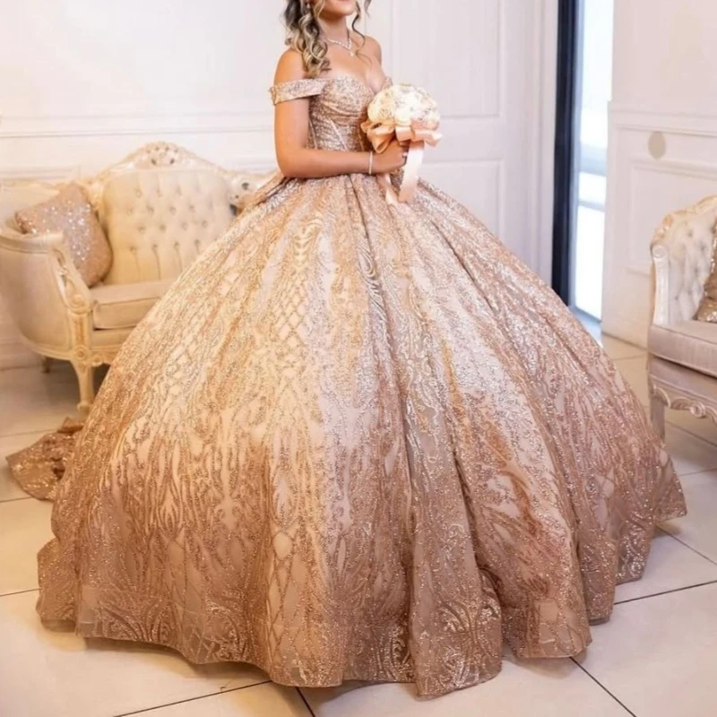 

Rose Gold Shiny Quinceanera Dresses Off The Shoulder Sequin Applique Lace Beading Crystal Bow Party Birthday Sweet 16 Dress Vest