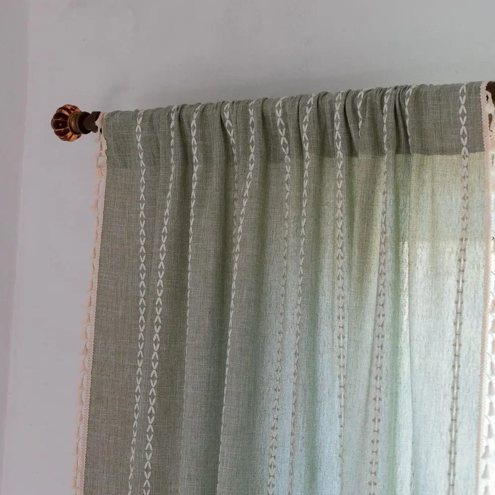 Rideaux à rayures en lin vert sauge, 84 longs, ensemble de 2 panneaux pour chambres à coucher et espaces de vie de style ferme Boho