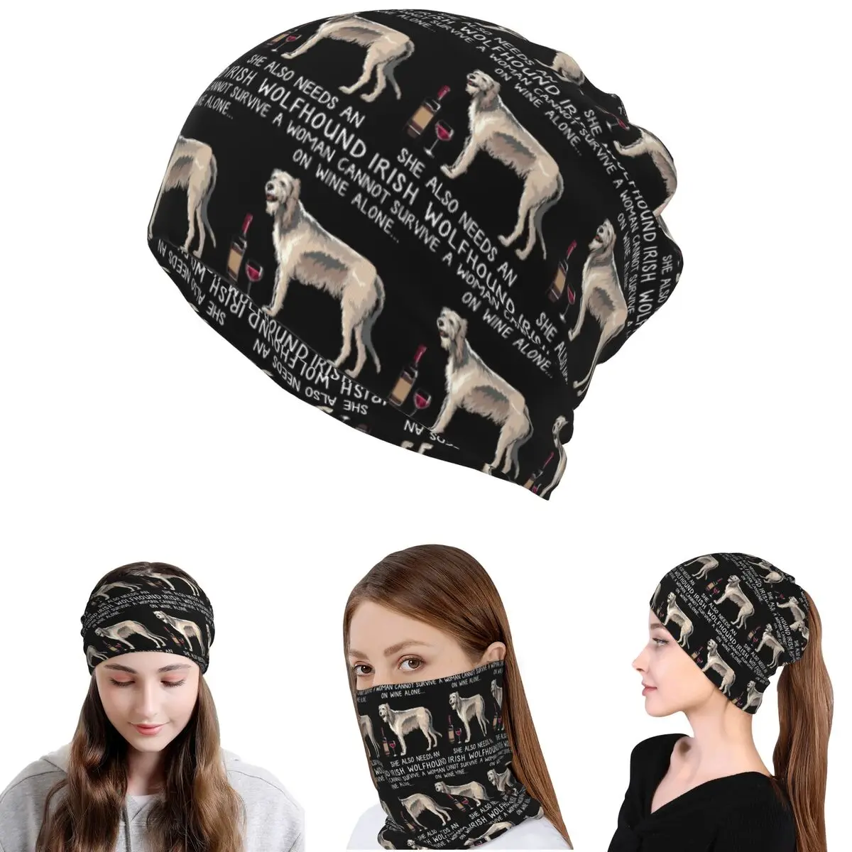 Irish Wolfhound And Wine Funny Dog Bandana Neck Cover Face Scarf Multi-use Face Mask Beanies Hat Unisex Adult Windproof