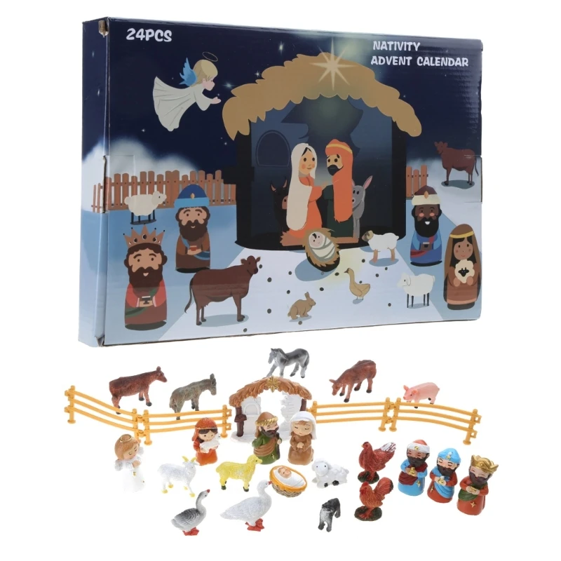 

KX4B Nativity Scene Advent Calendar 24 Resin Miniatures, Holy Family, Magi, Shepherd, Angel, Sheep, Stable, Animals, Fences, for