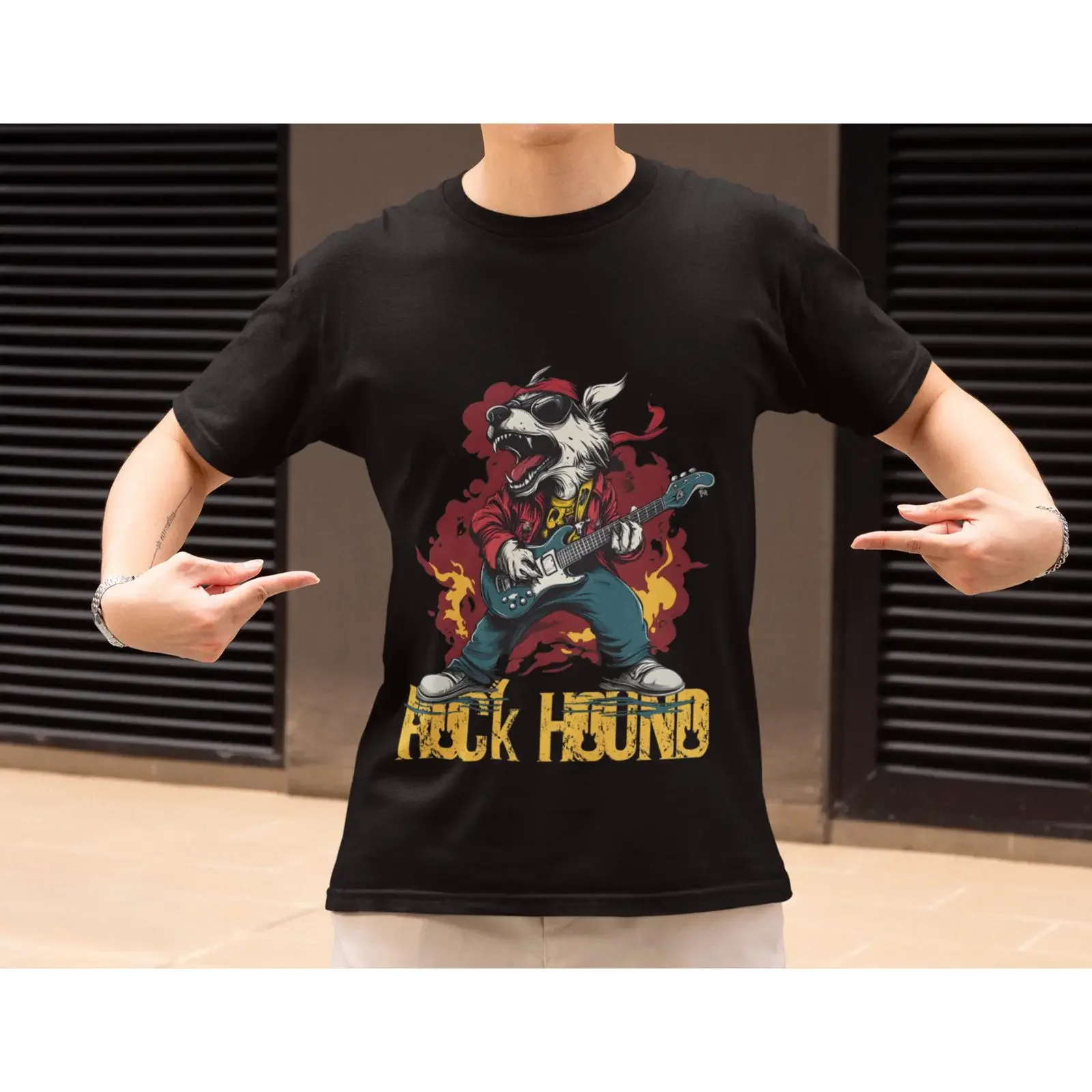 Rock Hound Dog T Shirt Funny Playing Guitar Concert vintage Washed Top For Everyday Wear Stretched Unisex fashion graphic