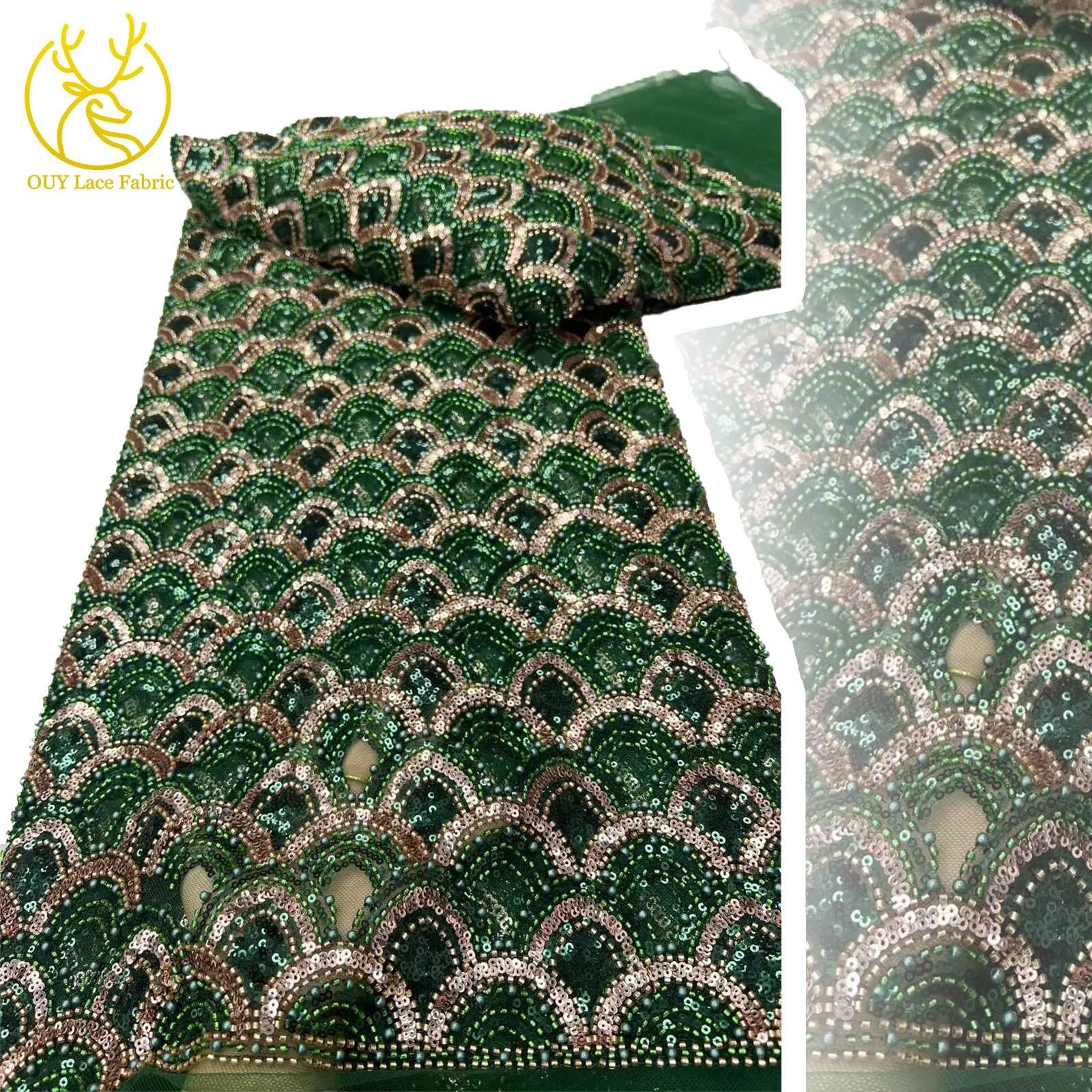 

Emerald Luxury African Beaded Lace Fabric 20255 Newest Nigerian French Sequin Tulle Lace Fabric for Party Dress Sewing 5 Yards