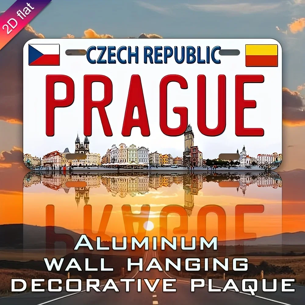2D Flat Prague Cityscape Czech Republic Vintage Aluminum License Plate UV Printed Retro Wall Hanging Decor Home Cafe Restaurant