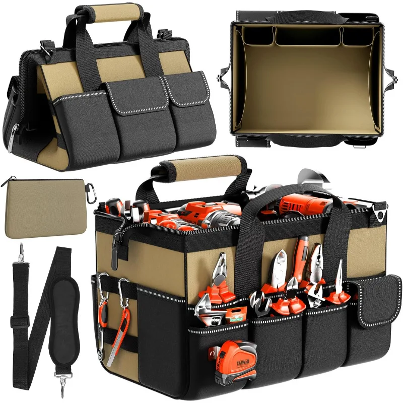 Large Capacity Portable Tool Bag Adjustable Shoulder Strap, Soft Handle, Durable Zipper Waterproof Organizer for Electricians