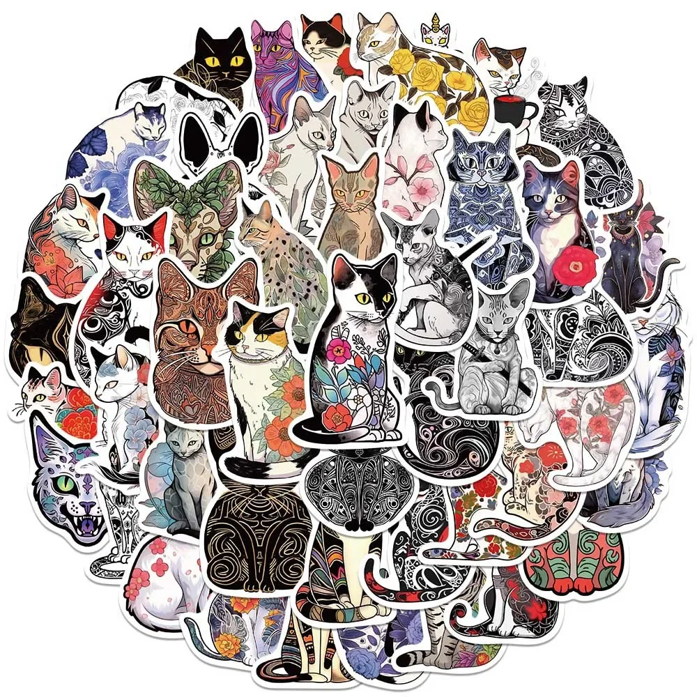 10/30/50pcs Tattoo Cat Stickers Cartoon Graffiti Sticker Aesthetic Laptop Fridge Guitar Luggage Phone Case Car Sticker Kid Gift