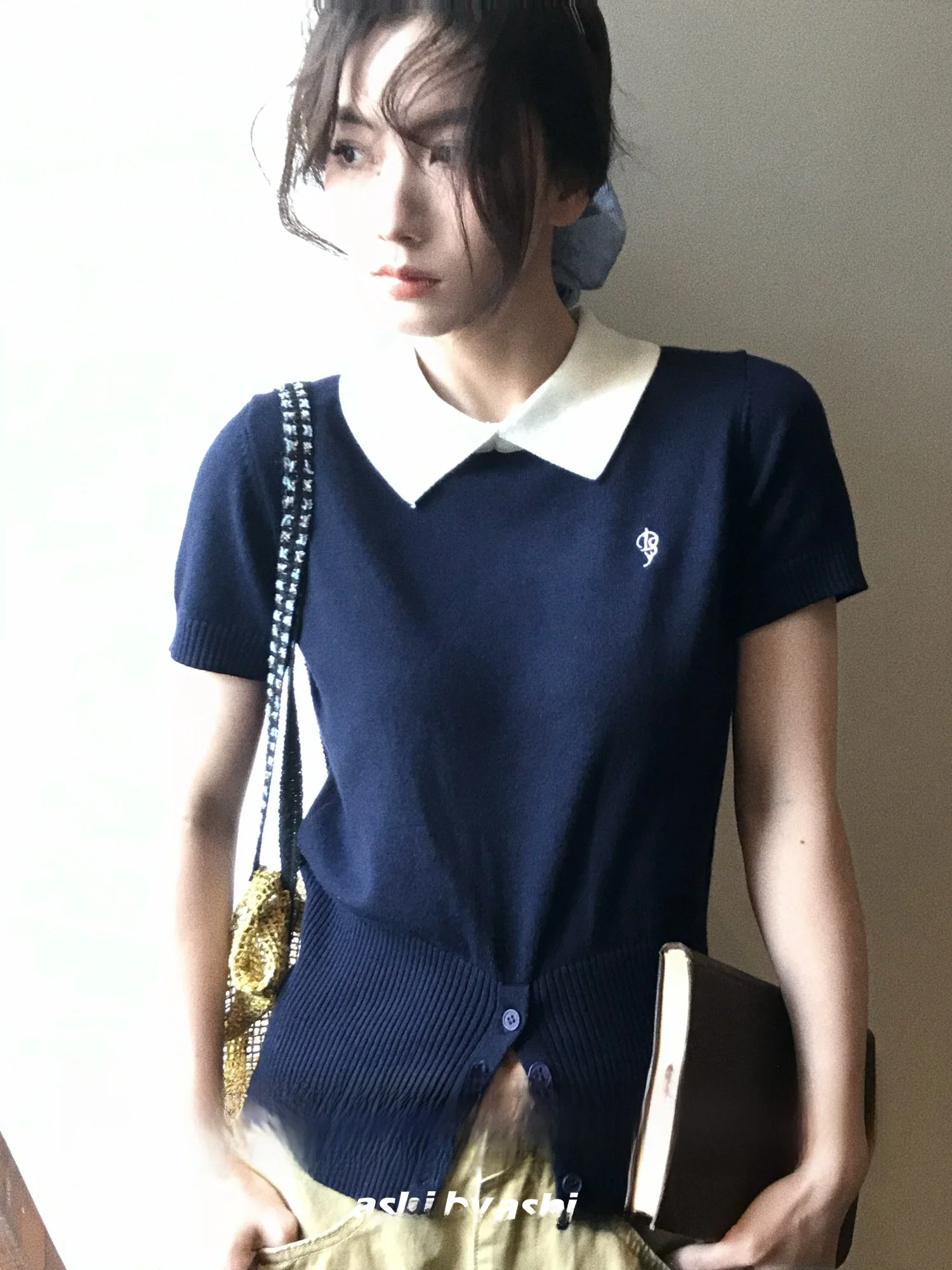 

Women's Short Sleeve Knitted Top Color Block Waist Cinched 6 Wool Blend Casual Summer T-Shirt Fashionable Breathable