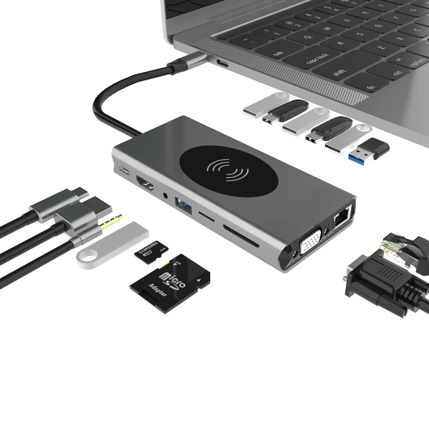 Docking Station15in1 พอร์ต USB C HUB HDTV 4K Docking Station พร้อม RJ45 Ethernet 1080 P VGA PD ชาร์จการ์ด