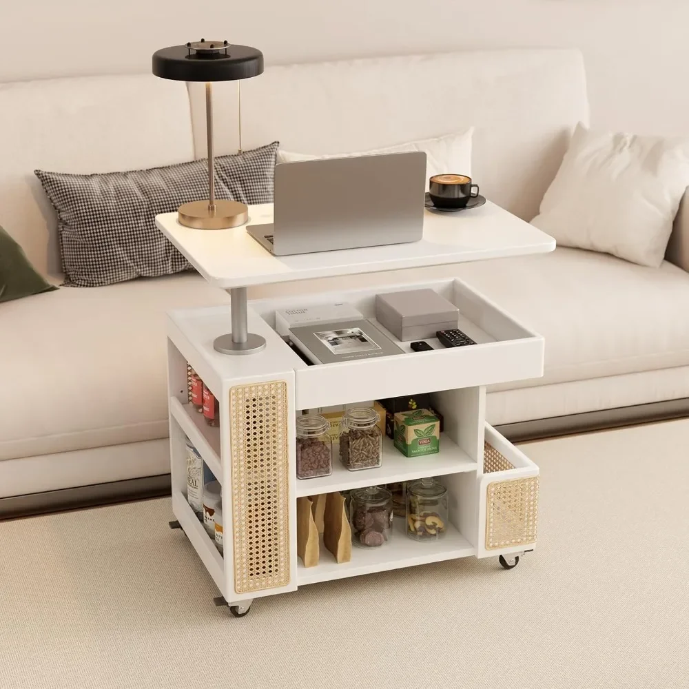 Wood Lift Top Coffee Table With Rolling Wheels, Hidden Storage, 360°Rotating Tabletop|