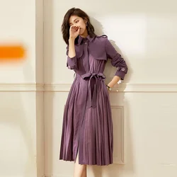 2023 Spring Fall Casual Women Pleated Purple Blue High Waisted Trench Coat , Long Windbreaker Coats for Womens Clothing