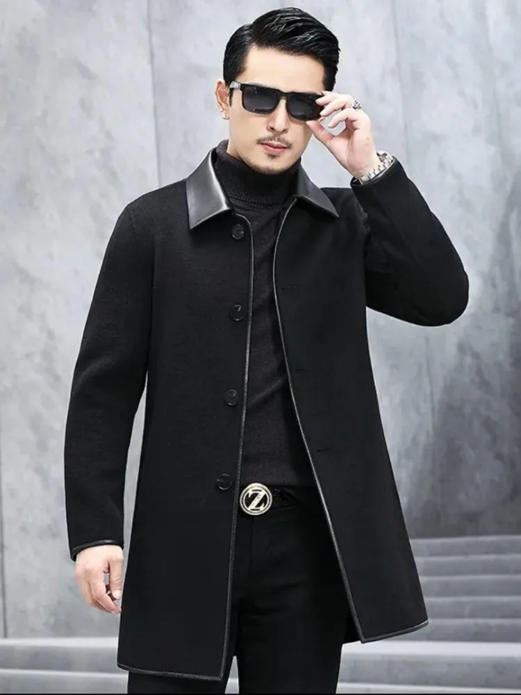 Business Men Autumn Winter Mid Long Double-Sided Woolen Coat Single Breasted Spliced Leather Collar Slim Fit Wool Trench Coats