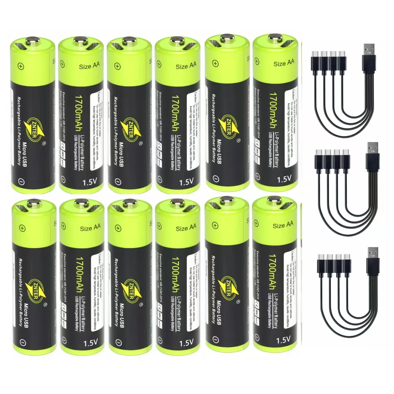 

12pcs/lot ZNTER 1700mAh AA rechargeable battery USB 1.5V rechargeable lithium polymer battery mouse camera microphone battery