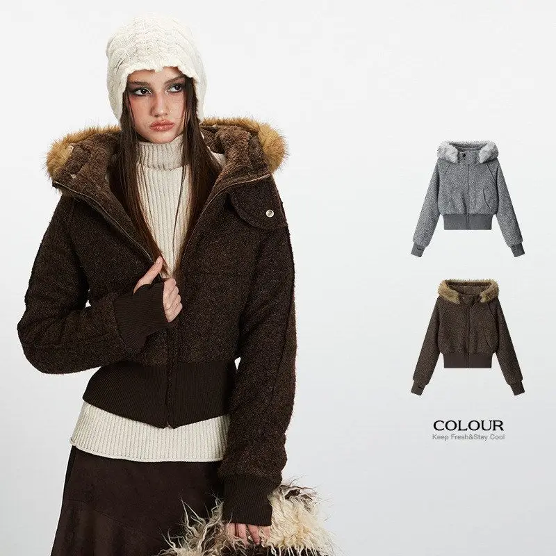 

HeyHenry Retro Thiened ort Hooded Jaet Women's Autumn Winter Cotton Clothes American Sle oulder-Length Fce-Lined...
