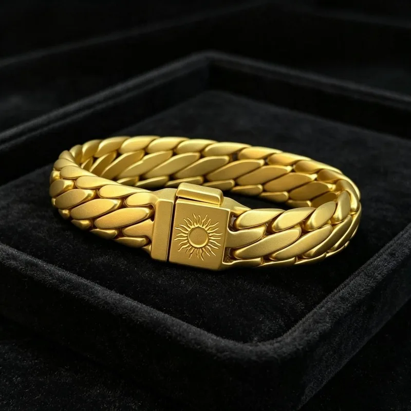 Vintage Carved Wide Men Bracelet, Golden Sun Pattern Triple & Double Whip Chain, High Grade Fashion Male Hand Jewelry