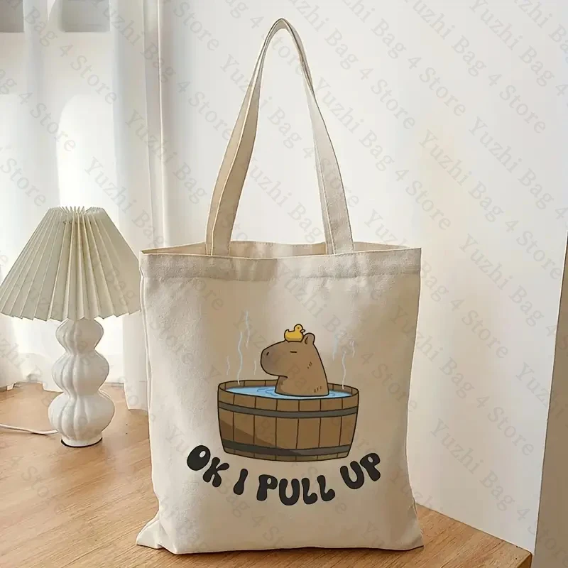 Ok I Pull Up Capybara Pattern Tote Bag Cute Funny Casual Totes Cottage Core Gifts Shopping Bag for Who Love Capybara Kawaii