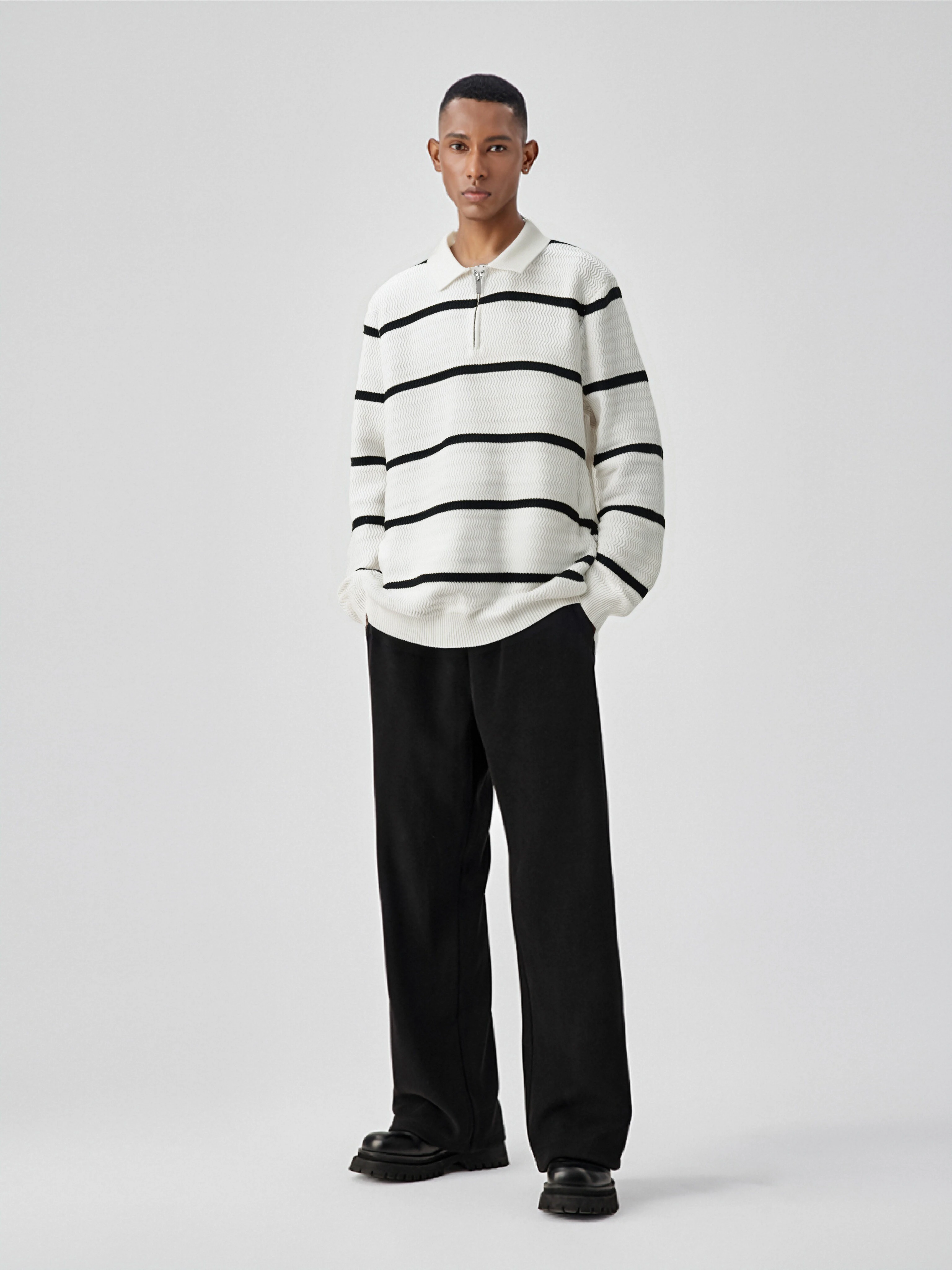 

Advanced striped lapel half zipper sweater men's trendy brand pullover sweater men's casual high-end knitted base sweater/3321