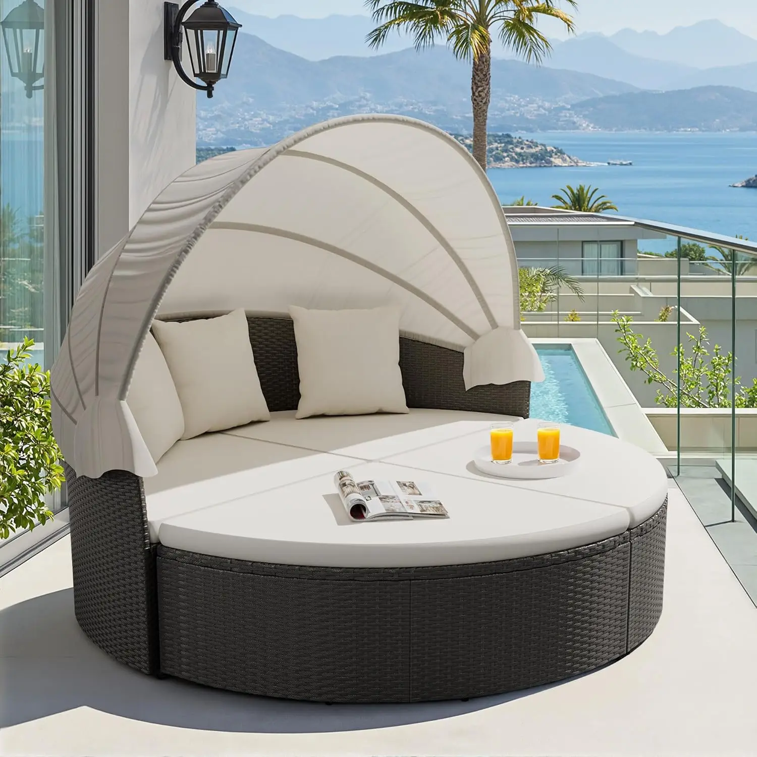 Patio Furniture Outdoor Round Daybed with Retractable Canopy Wicker Rattan Separated Seating Sectional Sofa for, Customized