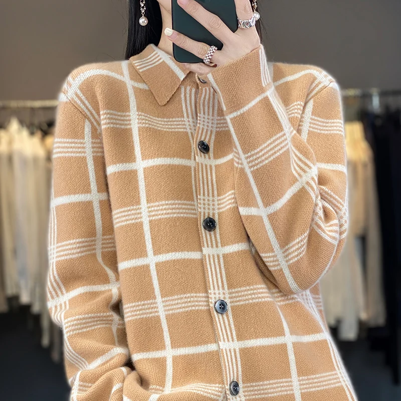 Autumn Winter New 100% Cashmere Wool Women Sweater Tailored Collar Splicing Checker Cardigan Casual Knitted Soft Jacket Tops