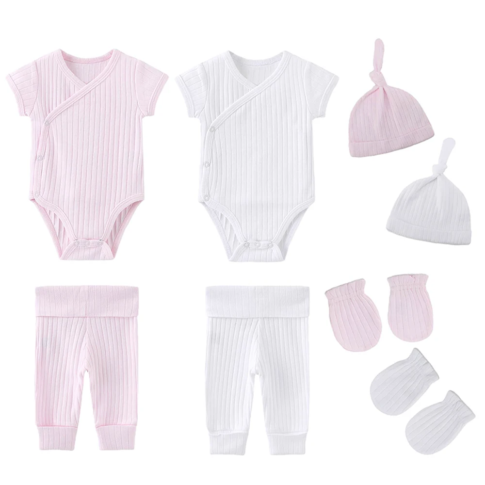 Kiddiezoom 8 PCS/Set Four Seasons Solid Newborn Boy Girl Clothing Sets Infant Bodysuits+Pants+Accessories Baby Shower Gift