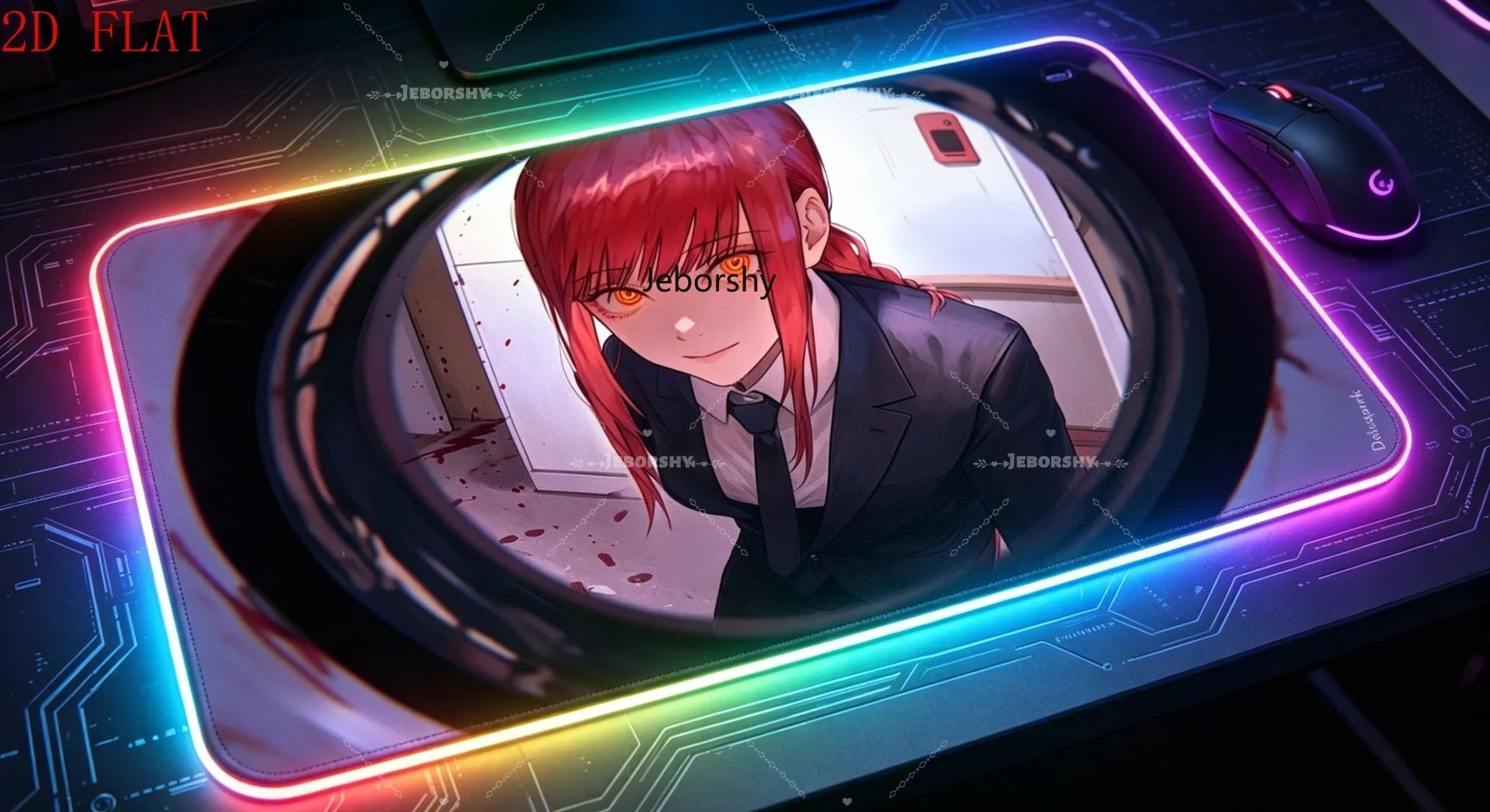 

RGB Gaming Mouse Pad with Red-Haired Anime Girl in Black Suit - Large Extended Desk Mat for Gamers