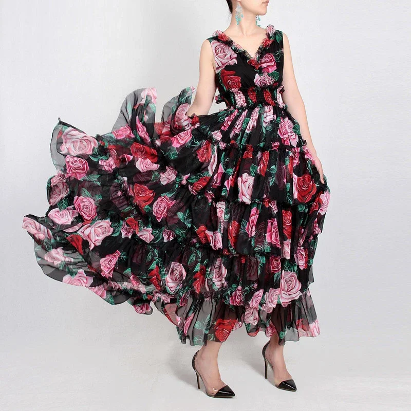 2023 nowa projektantka mody na wybiegu damska letnia bez rękawów z dekoltem w szpic róża w kwiatowy wzór z falbanami w elastyczną talię sukienki na wakacje