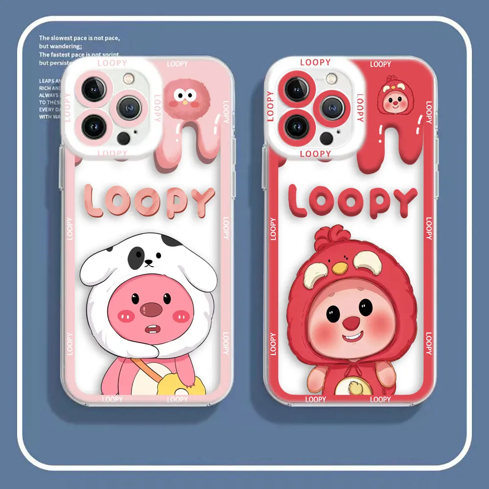 Cute Pink L-Loopy Cover Angel Eyes Clear Phone Case For iPhone 15 14 12 13 11 16 8 7 SE Plus X XR XS Max Case Funda Capa Shell