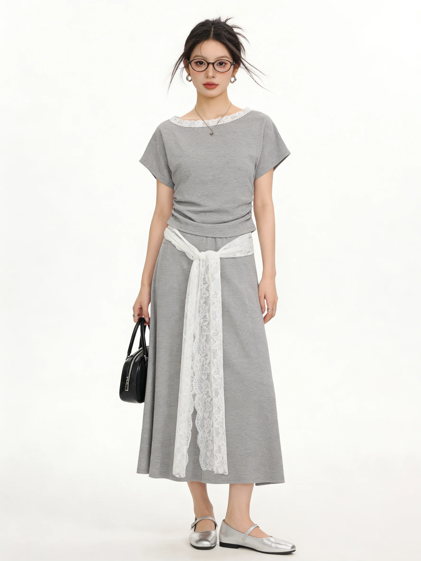 

Grey Lace Tie-Band Top And High Waist Skirt Two-Piece Set Short Sleeve T-Shirt Korean Style Fashion Anti-Aging Summer Outfit