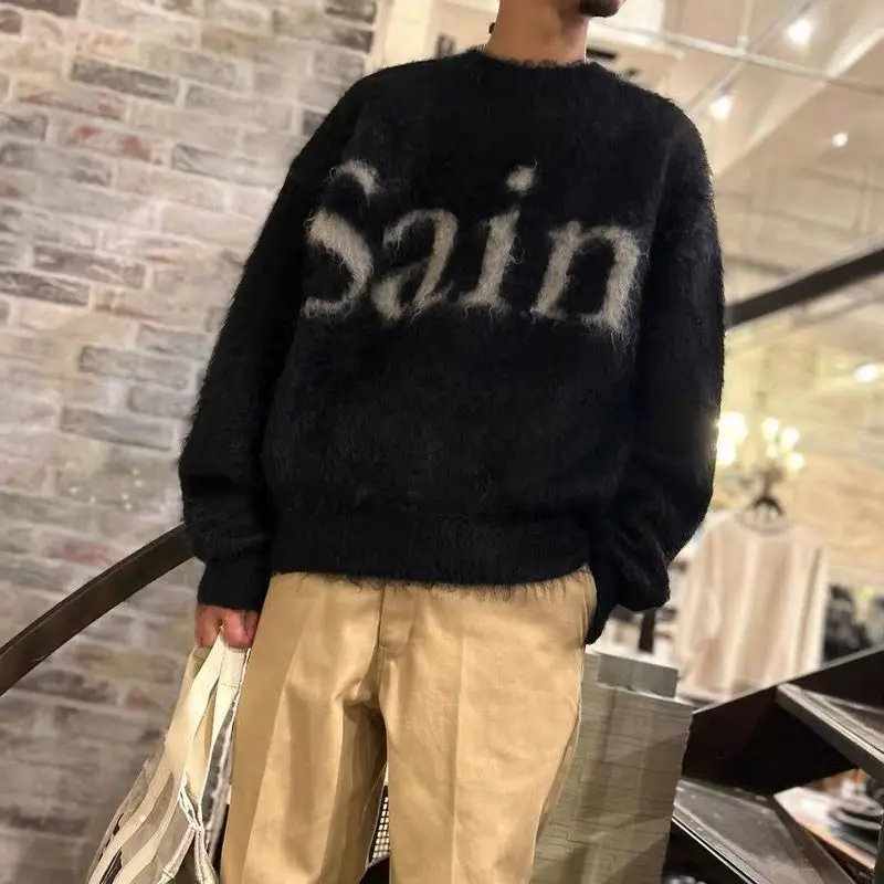 

American Retro Saint Mxxxxxx Collaborative Coarse Woolen Men's And Women's Letter Knitted Sweater Casual Loose Fit round Ne...