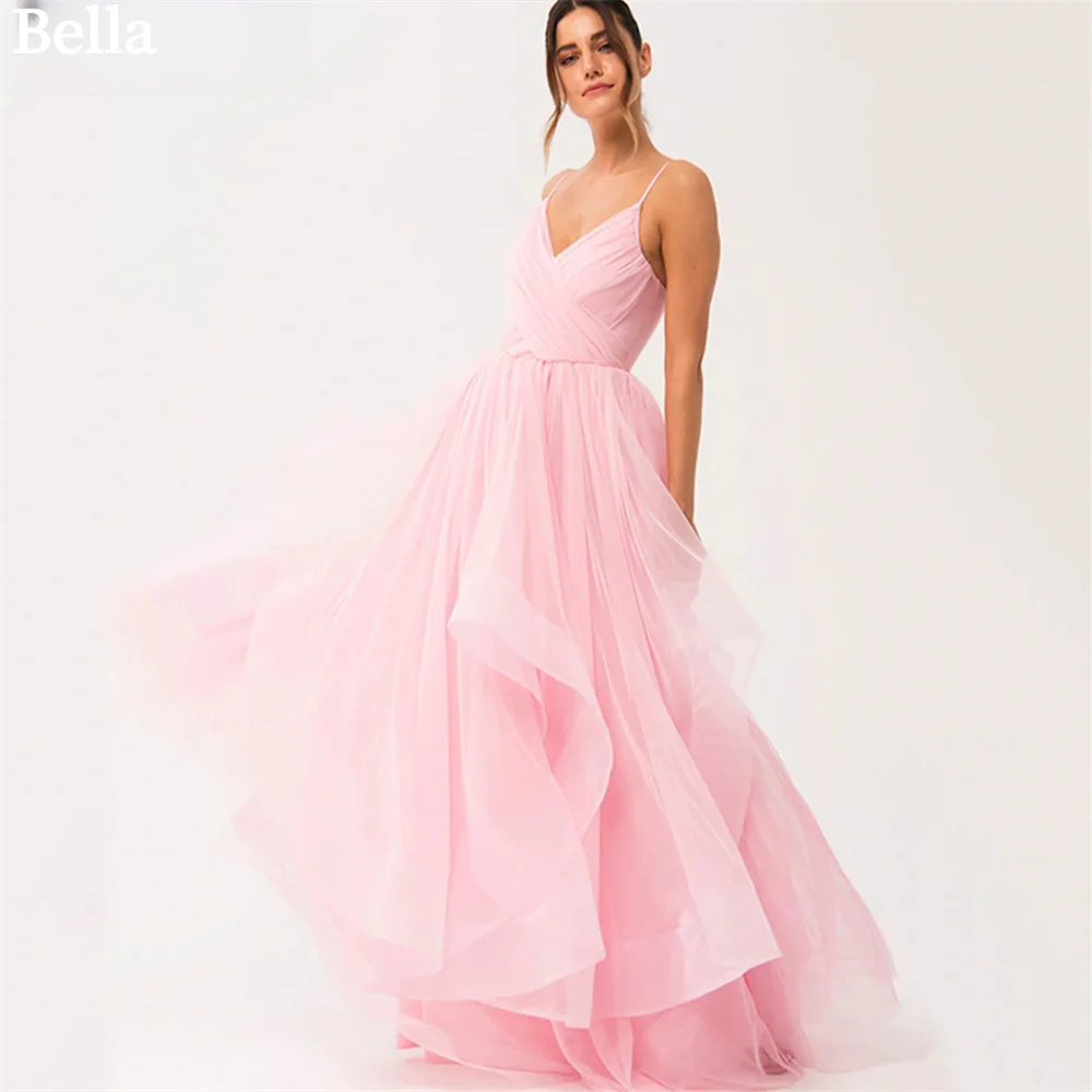 

Bella Pink Spaghetti Strap Prom Dresses V-neck A-line Wedding Dress Elegant Sleeveless Floor-Length Edge Curl Vestidos De Fiesta