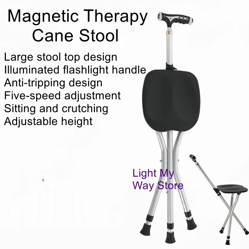 Telescopic Cane Stool with Light Three Legs Cane Chair for Elderly Aluminum Cane with Stool