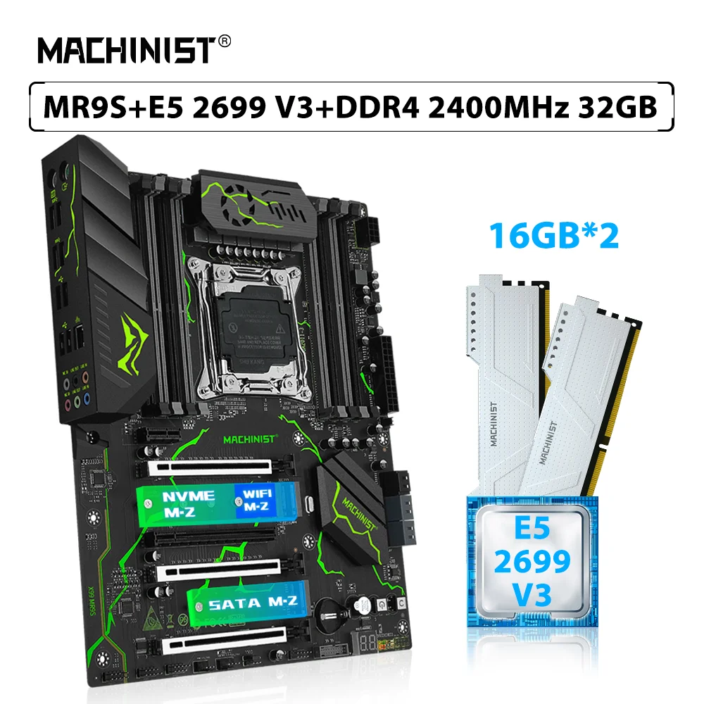 MACHINIST X99 MR9S ATXเมนบอร์ดชุดXeon E5 2699 V3 CPU LGA 2011-3 โปรเซสเซอร์DDR4 32GB 2400MHz ECCหน่วยความจําRAM USB3.0