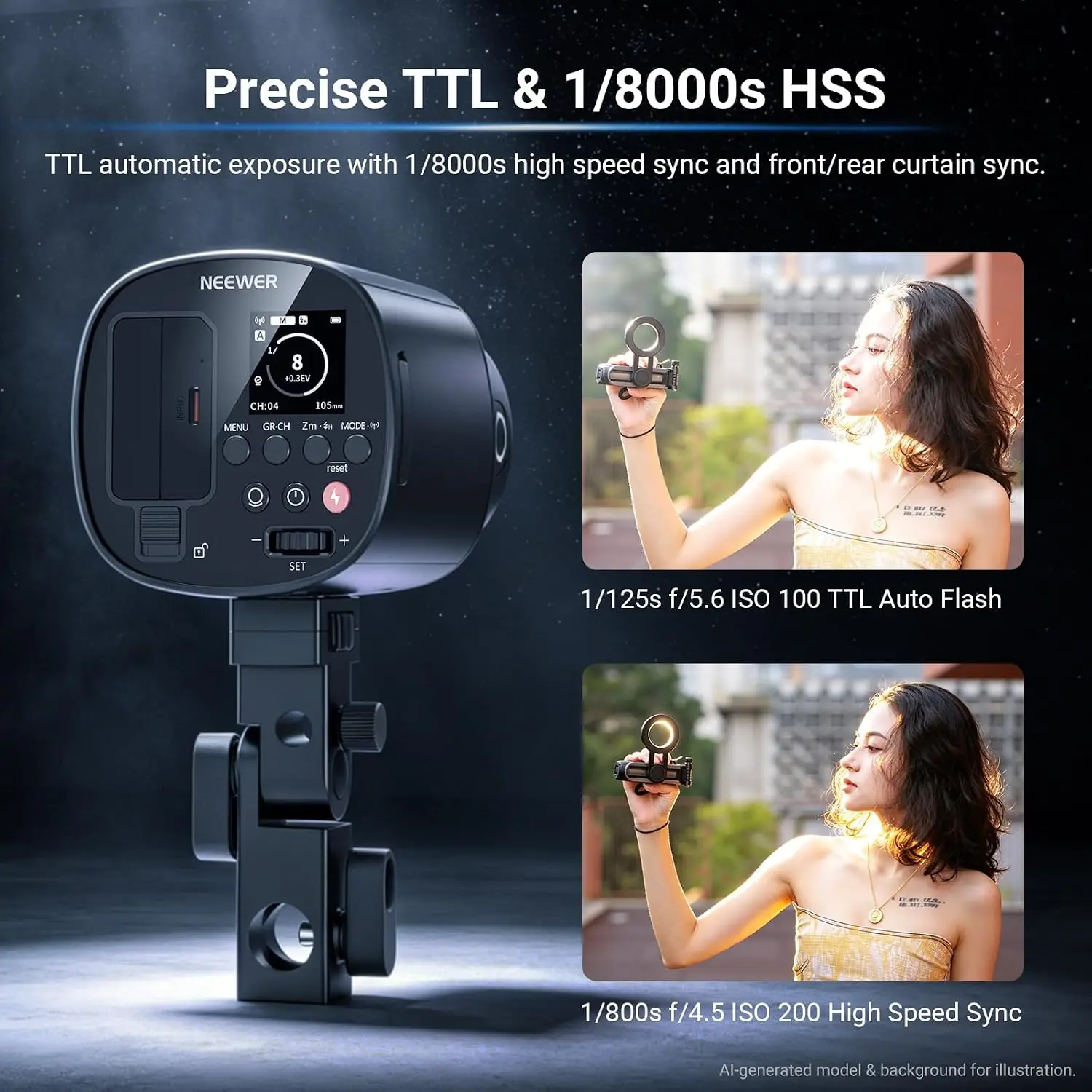 NEEWER Q120 120Ws 2.4G TTL Outdoor-Blitzgerät, kompatibel mit Godox 1/8000s HSS tragbarem Studiomonolight mit Modellierlicht – Detail 2