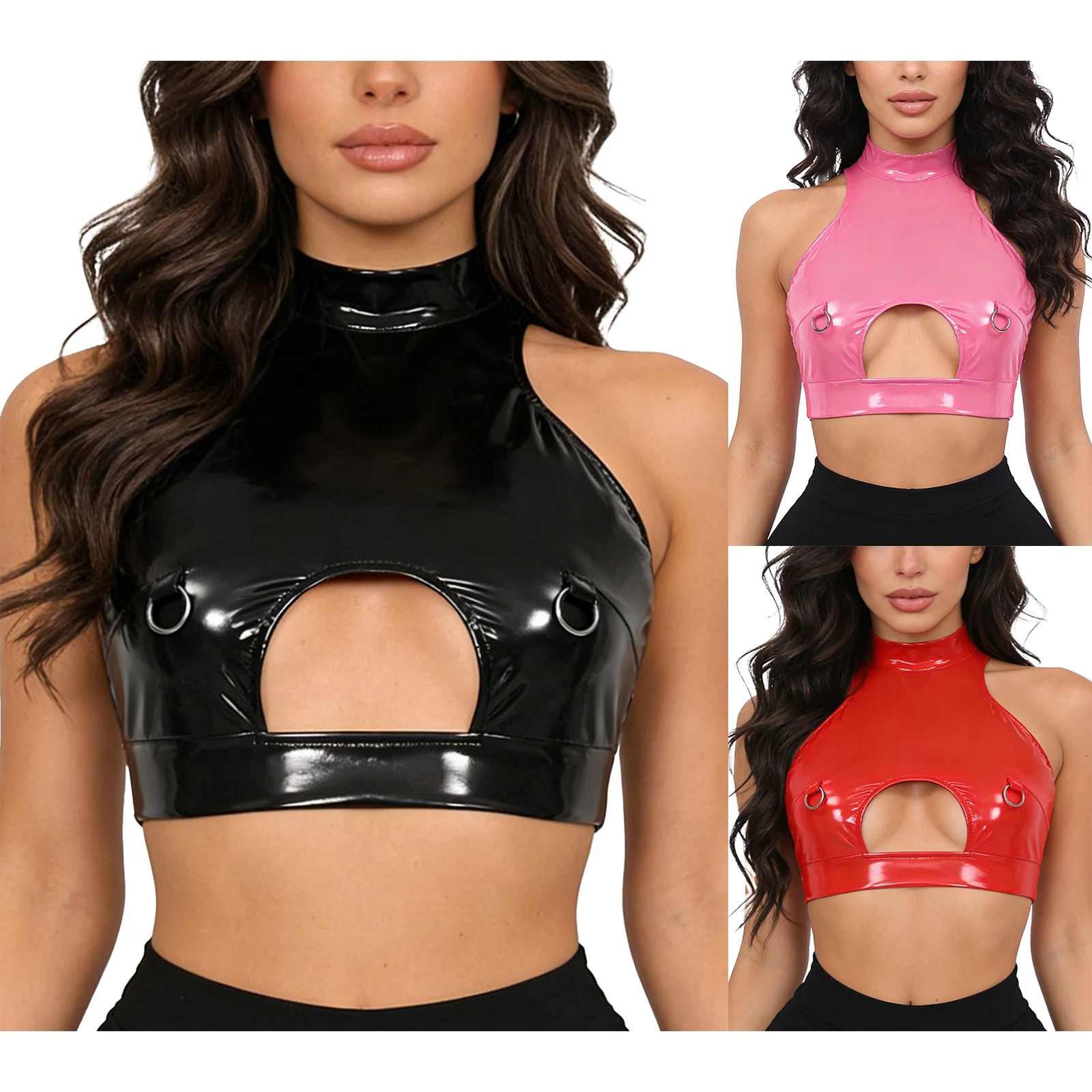 Womens Sexy Shiny Metallic Leather Crop Top Front Hollow Out And Metal O-rings Mock Neck Sleeveless Backless Tank Top Crop Vest