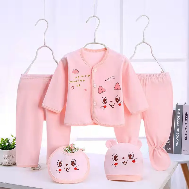 5Piece Spring Girls Clothes Boys Outfit Set Cartoon Cute Cotton Print Tops+Pants+Hat+Bibs Baby Stuff Newborn Hospital Set BC1825