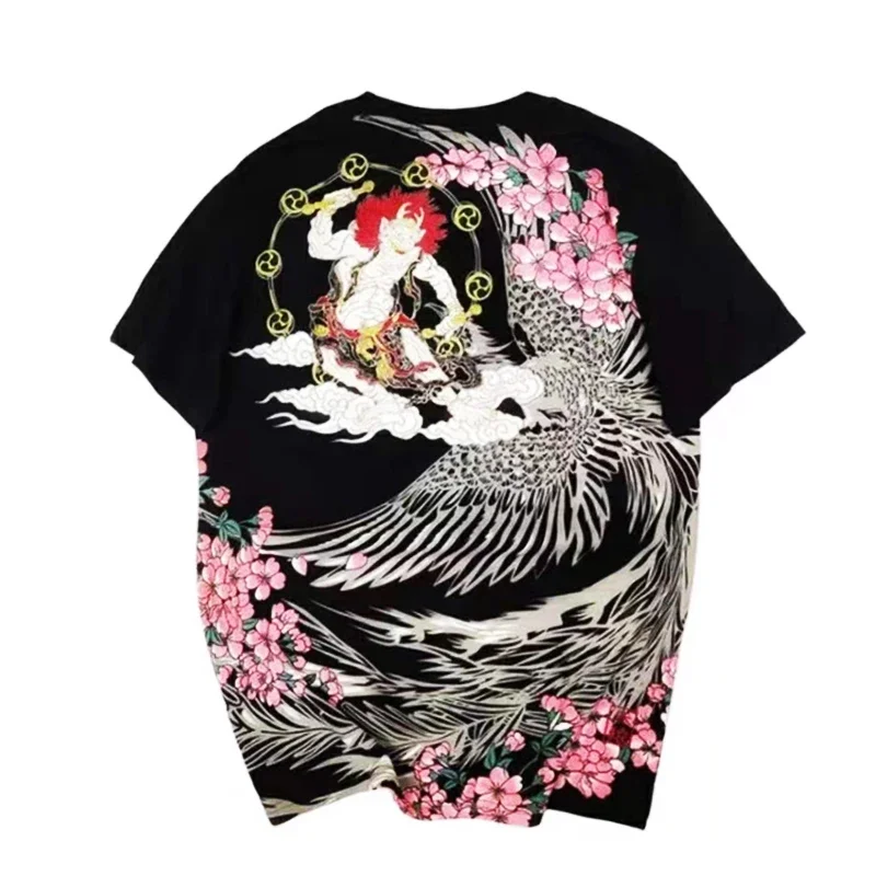 Lyprerazy Phoenix Embroidery Men's T-shirt Japanese Harajuku Summer Retro Casual Short-sleeved Top Tees