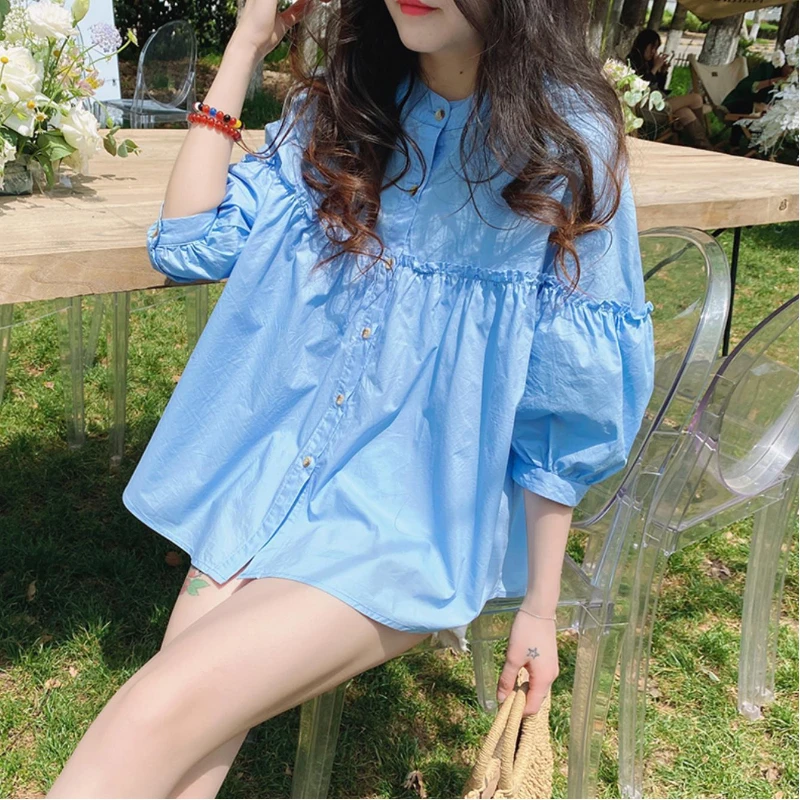 Spring Autumn Fashion Solid Color Stand Women\'s Clothing Blouses Pleated Edible Tree Fungus Bishop Sleeve Loose Chic Baby Shirt