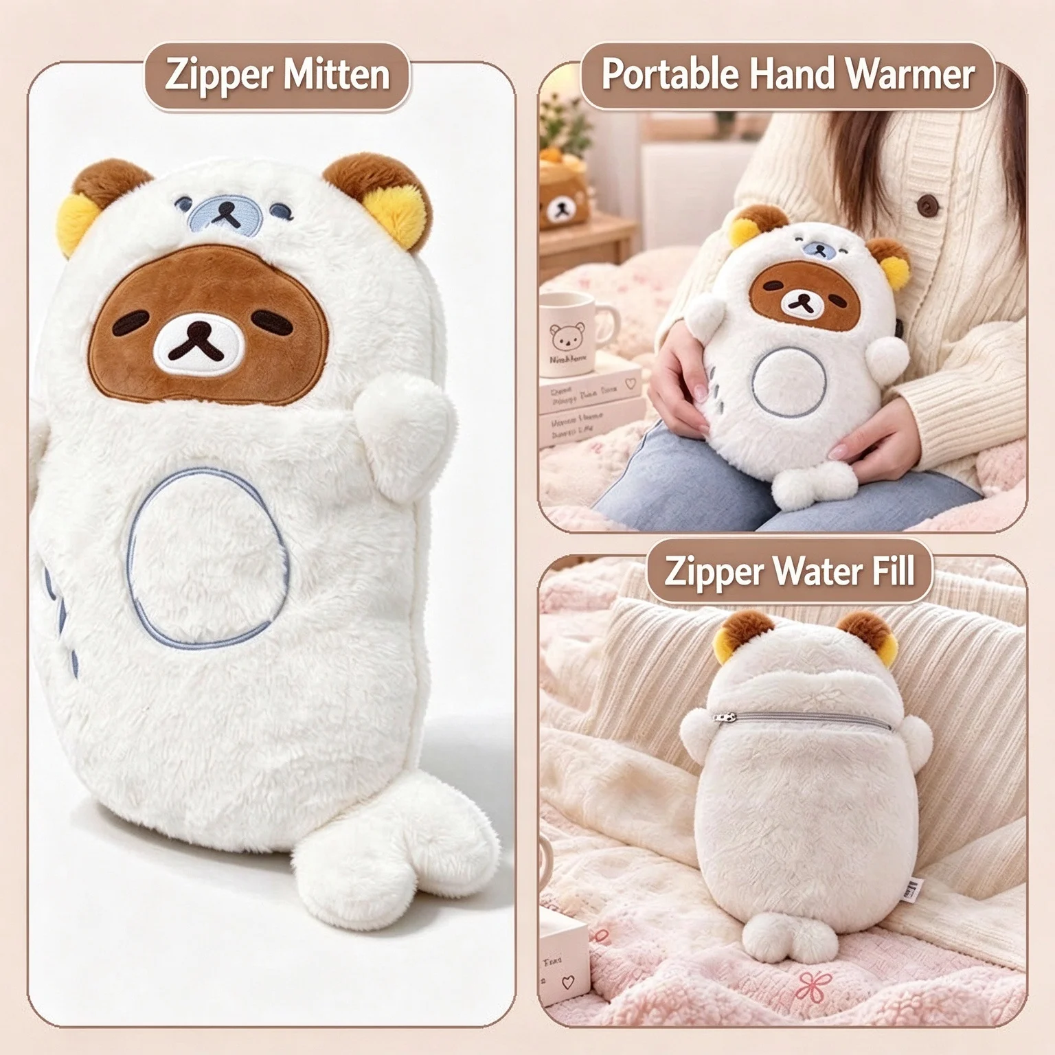 Seal Shape Plush Hot Water Bottle 350ml Refillable Explosion Proof Portable Hand Warmer For Period Pain Relief Winter Home