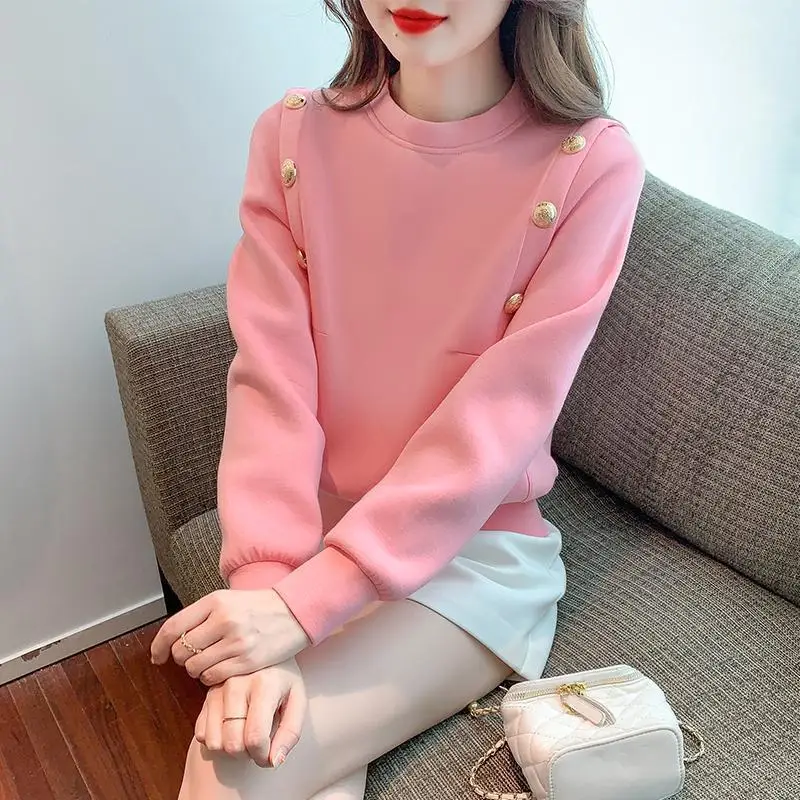 Office Lady Spring Autumn Women\'s Clothing Button Round Neck Solid Color Lantern Long Sleeve Hoodies Casual Loose Elegant Tops