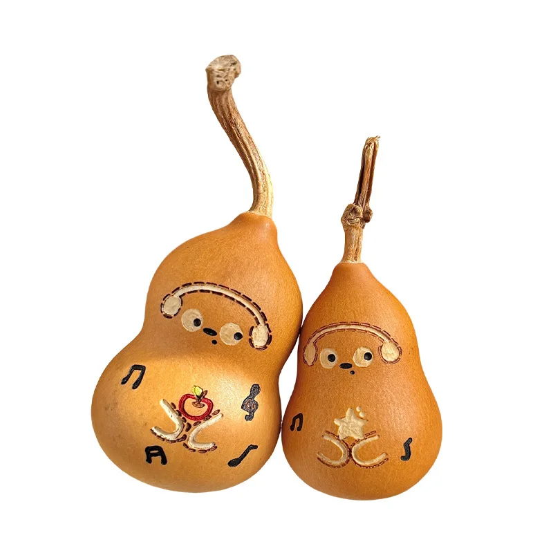 Natural Gourd Pyrography Ornament Cute Music Bear Style Hand Twisted Chubby Gourd Handheld Piece for Worry Relief Gifts