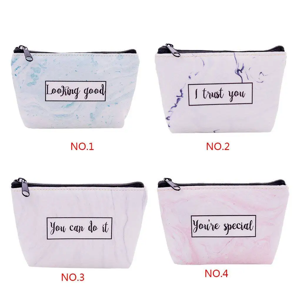 Women Portable PU Wallet Marble Letter Print Coin Purse Earphone Bag Money Card ID Holder Earbuds Pouch