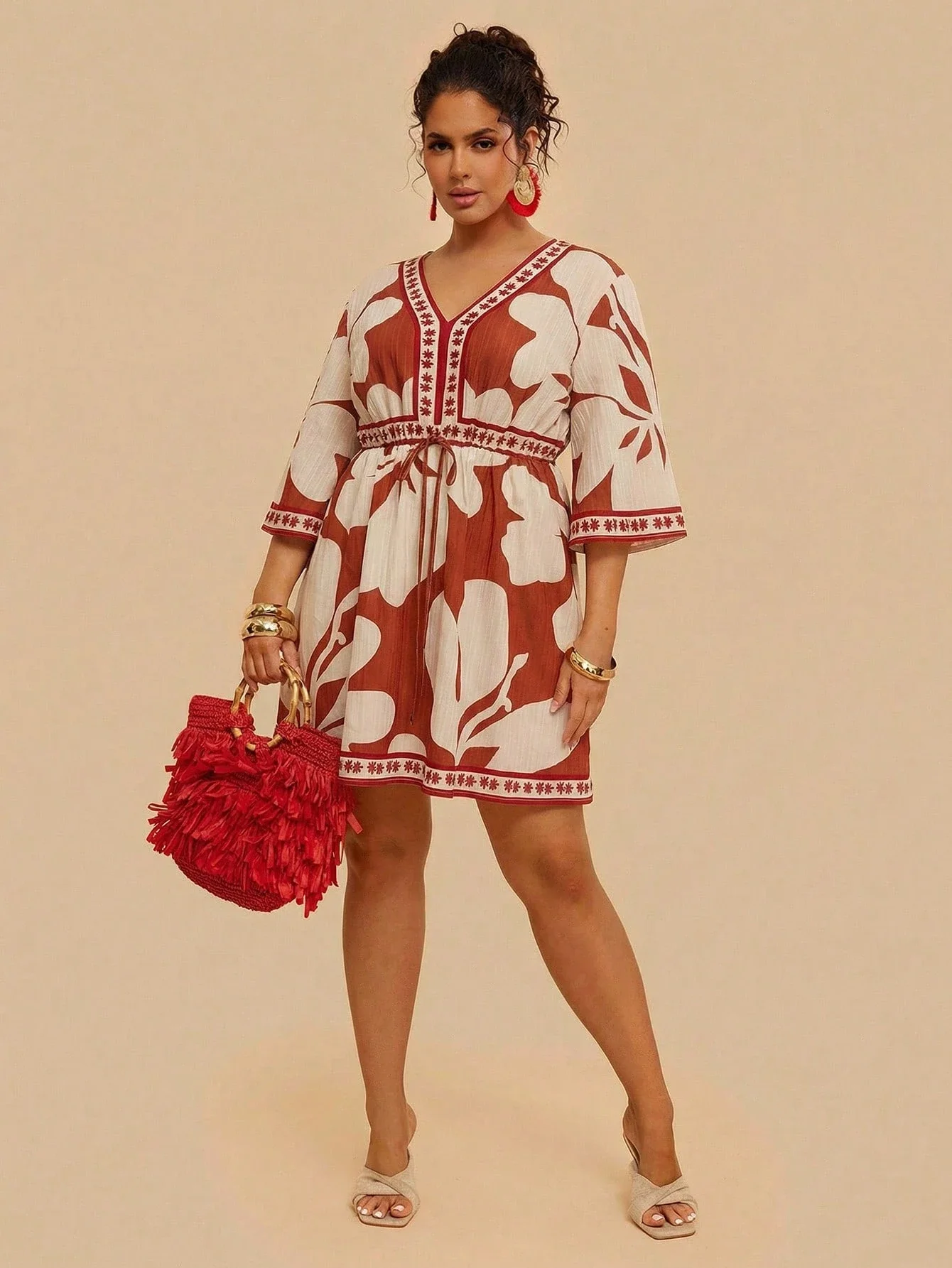 

Boho V-Neck Flare Sleeve Tie-Waist Floral Print Mini Dress For Women