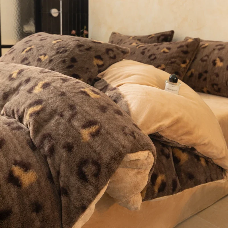 Leopard Print Faux Cashmere Duvet Cover Set Queen King Thick Warm Winter Bedding Set Soft Plush Quilt Cover Bed Sheet Pillowcase