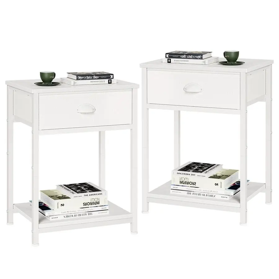 

White Nightstands Set of 2, End Table with Fabric Drawer, Small Side Table for Small Spaces, 2 Tiers Storage Shelves End Table,