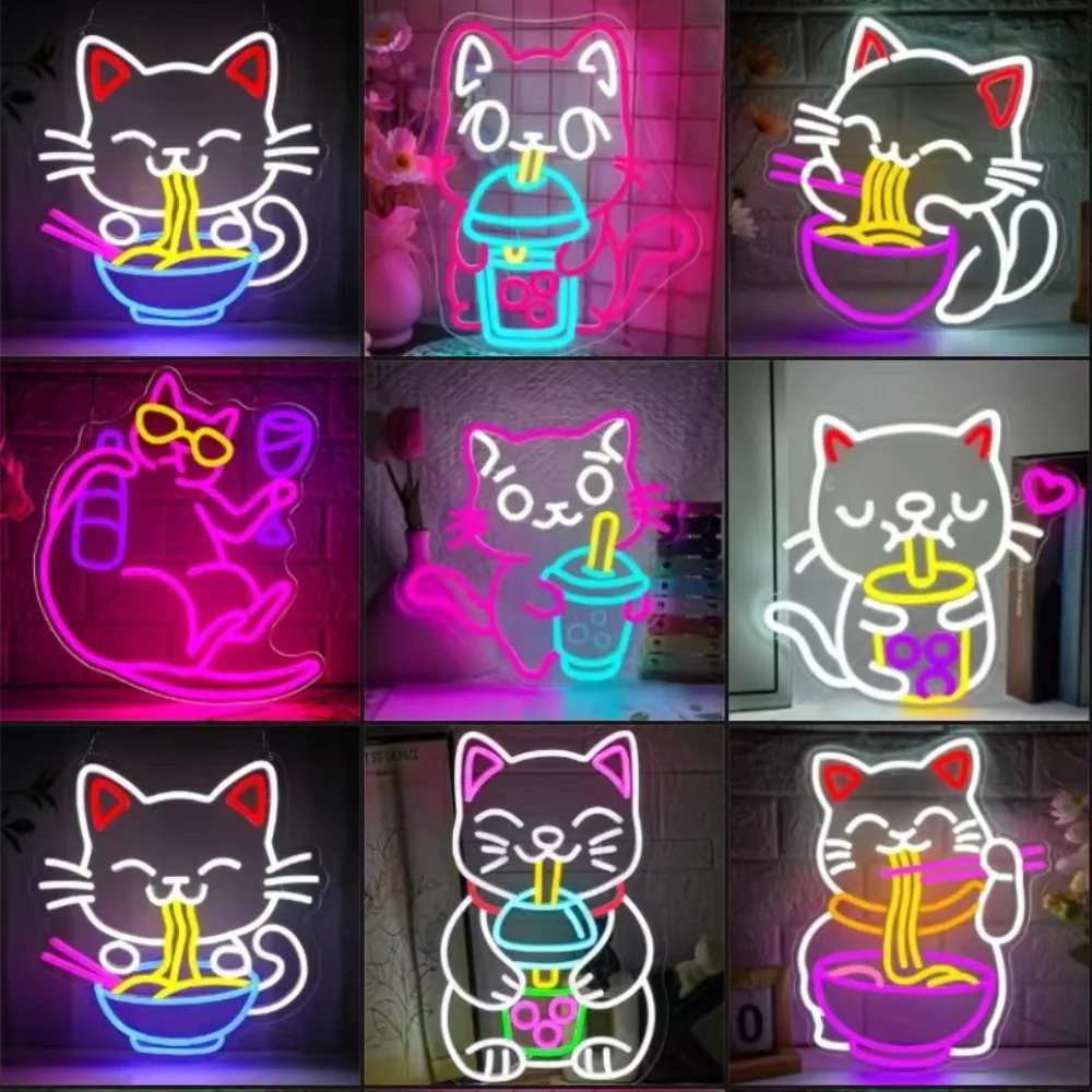 

Fortune Cat Ramen Neon Sign, Dimmable Japanese Lucky Cat Noodle Ramen Led Neon Signs for Wall Decor Resturant Boba Tea Shop Bar