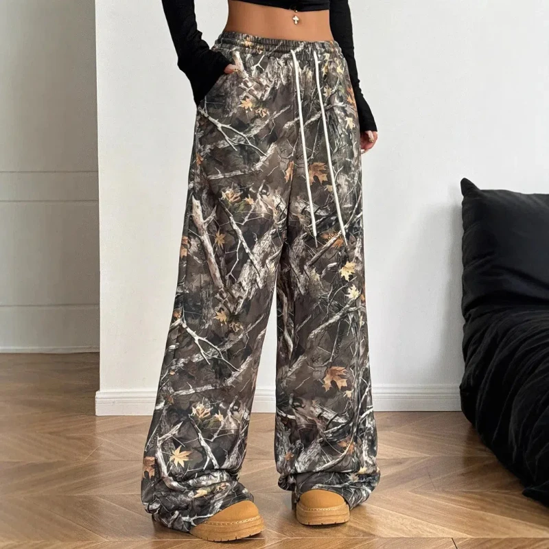 Teenagers Fashionable Casual Elastic Glue Camouflage Print Slimming Wide Legs Floor Pants