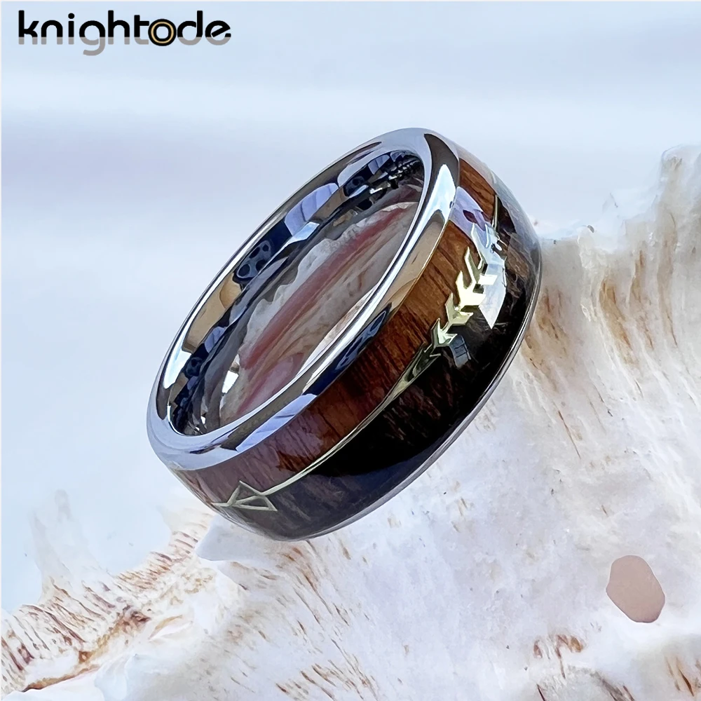 6mm 8mm Fashion Tungsten Carbide Wood Rings Steel Arrow Inlay For Men Women Classic Engagement Ring Dome Band Polished Comfort