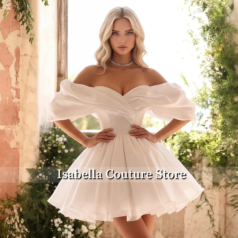 Simple Puffy Short Wedding Dresses For Bride V Neck Satin Ball Gown For Women Mini Customized Bridal Party Gown Vestidos Novia