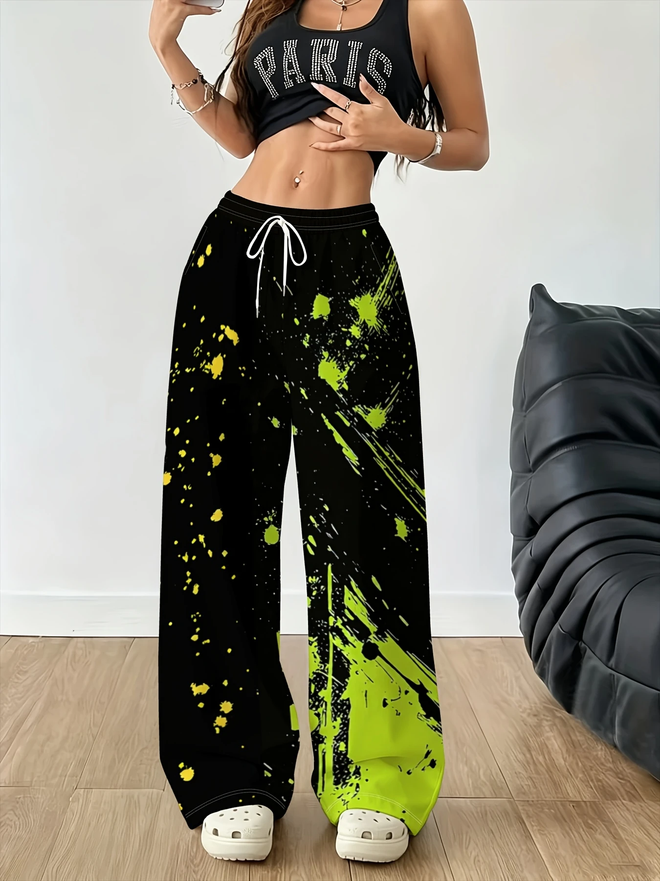 American Style Rainbow Splashed Ink Graffiti Printed Wide Leg Pants for Men and Women  Loose and Versatile Trendy Casual Pants